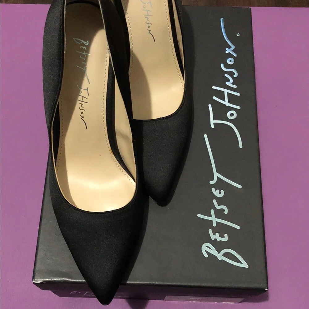 Betsey Johnson Black Satin Pointed Pumps with Jeweled Block Heels - Picture 6 of 8